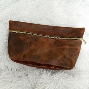 PORTLAND LEATHER GOODS | Brown Zip Classic Makeup Bag Authentic Rare | Large